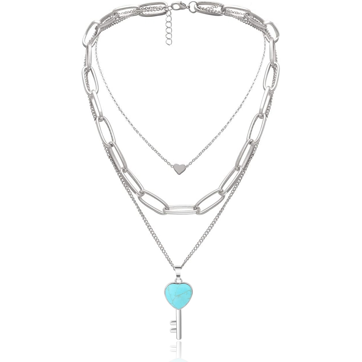Layered Key Pendant Necklace Chunky Punk Silver Chain Choker Cuban Link  Statement Jewelry for Women and Girls