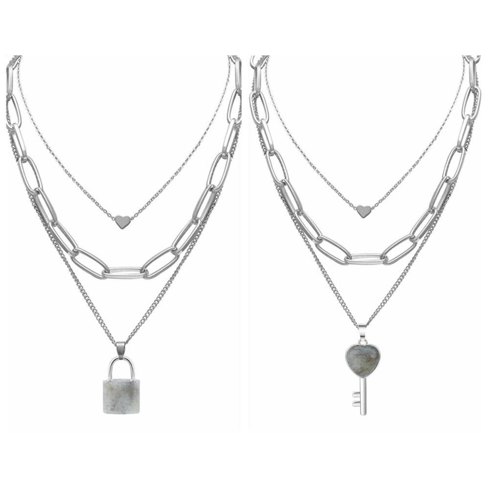 Couple Layered Chain Necklace  Natural Gemstone Key and Lock Pendant  Choker Jewelry for Women Men