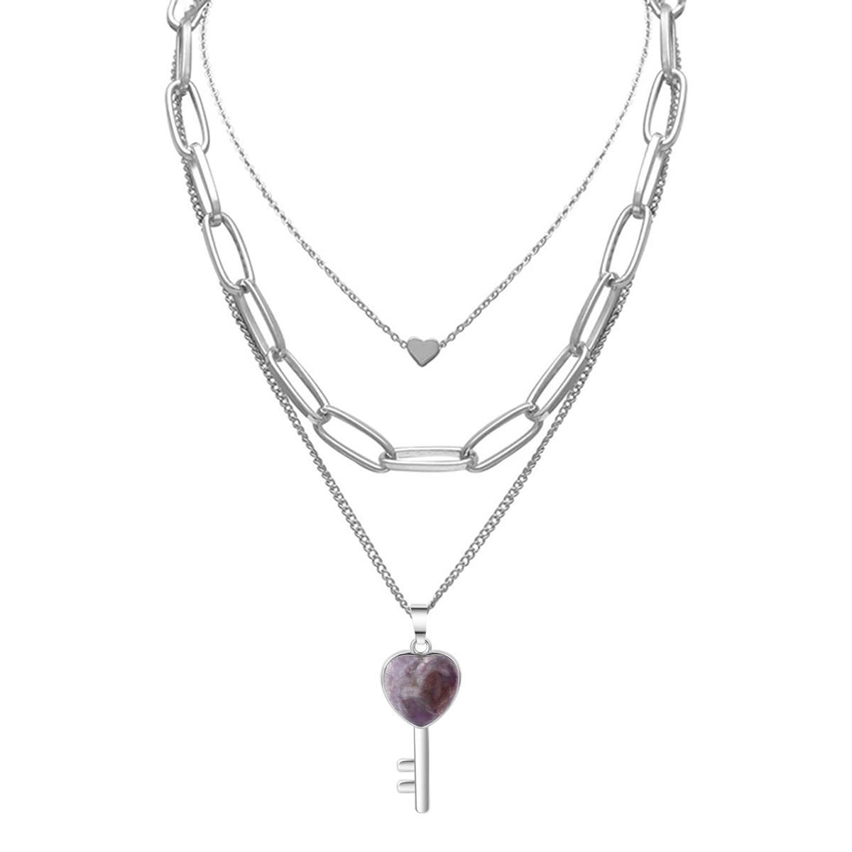 Layered Key Pendant Necklace Chunky Punk Silver Chain Choker Cuban Link  Statement Jewelry for Women and Girls
