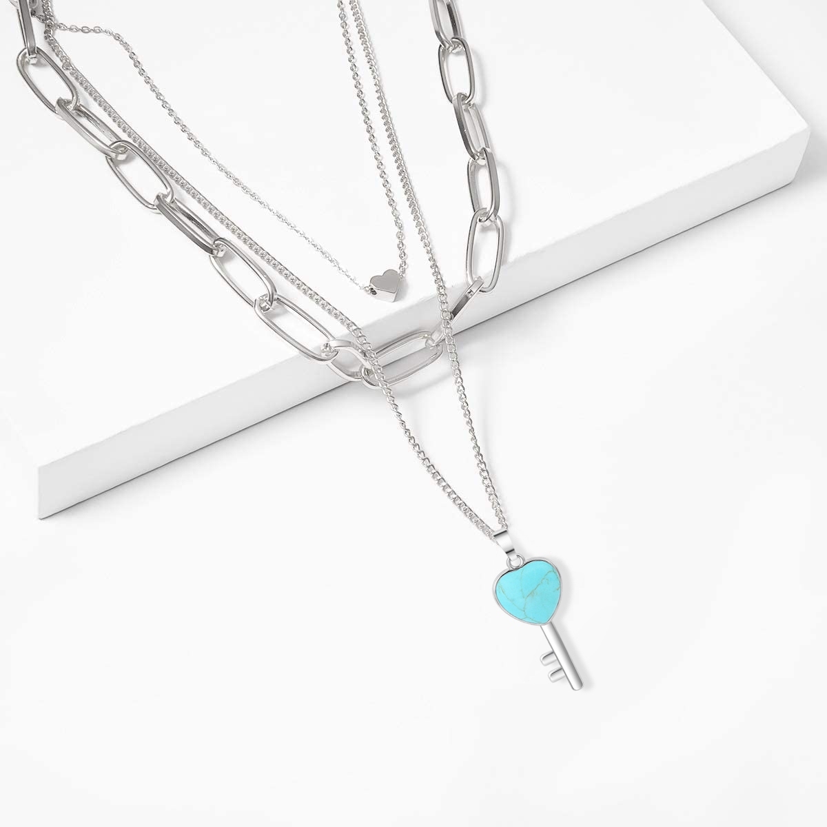 Layered Key Pendant Necklace Chunky Punk Silver Chain Choker Cuban Link  Statement Jewelry for Women and Girls