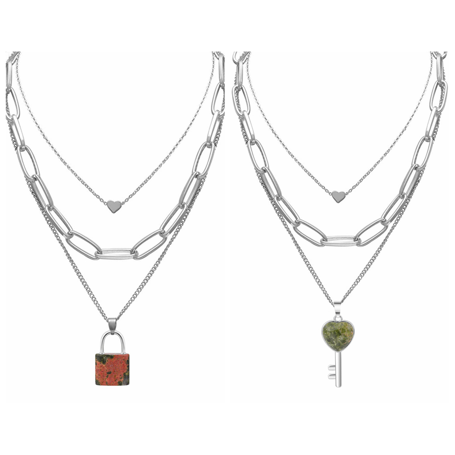 Couple Layered Chain Necklace  Natural Gemstone Key and Lock Pendant  Choker Jewelry for Women Men