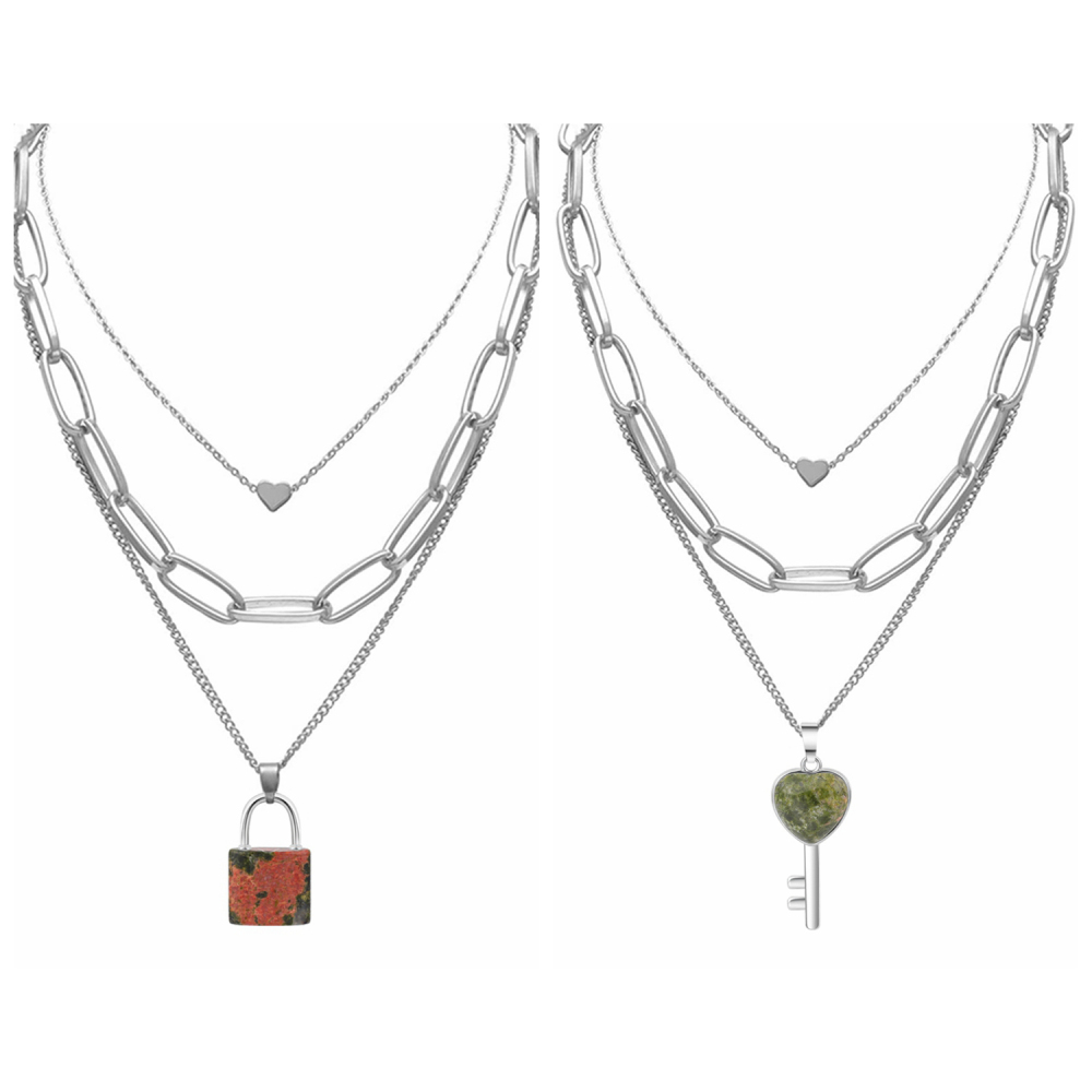 Couple Layered Chain Necklace  Natural Gemstone Key and Lock Pendant  Choker Jewelry for Women Men
