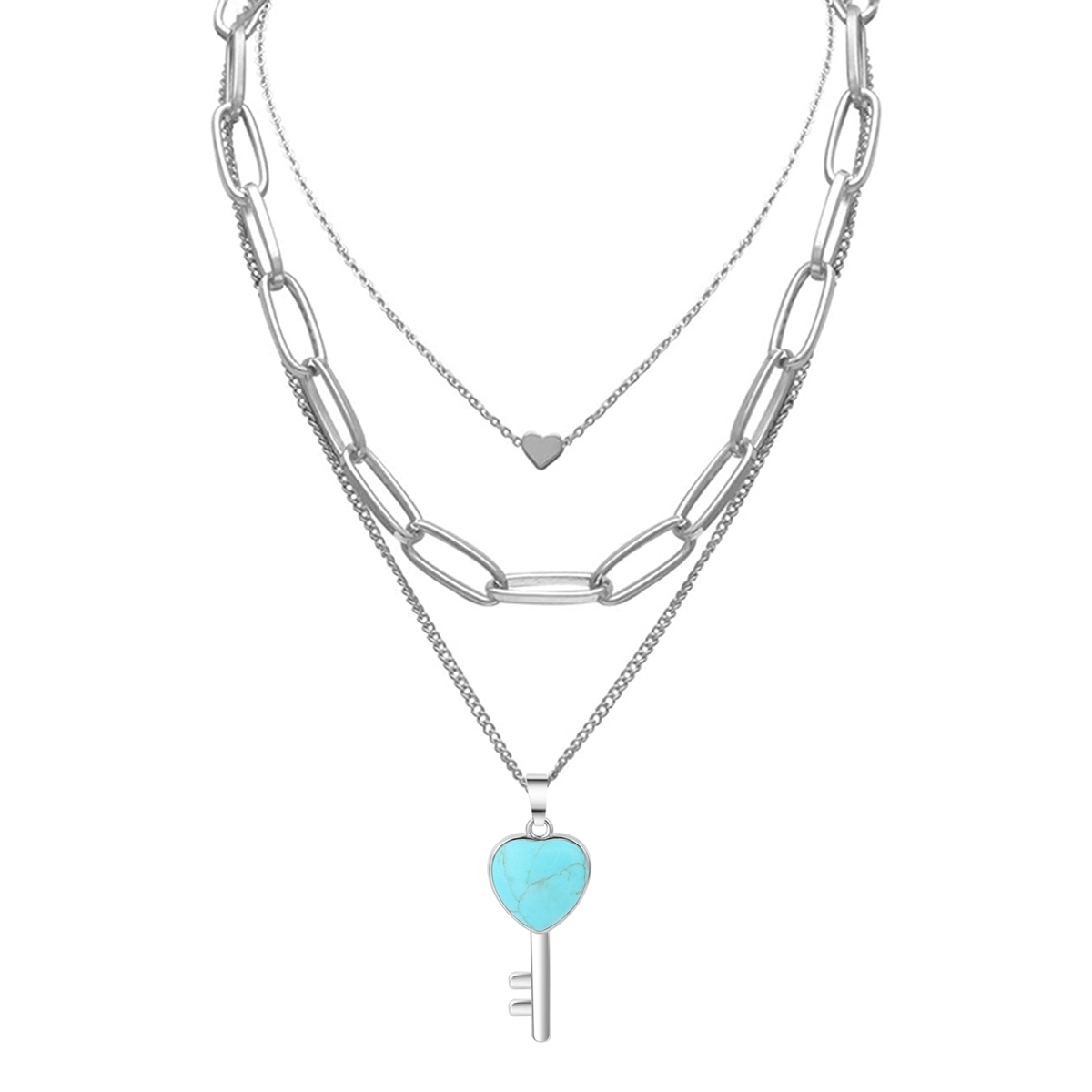 Layered Key Pendant Necklace Chunky Punk Silver Chain Choker Cuban Link  Statement Jewelry for Women and Girls