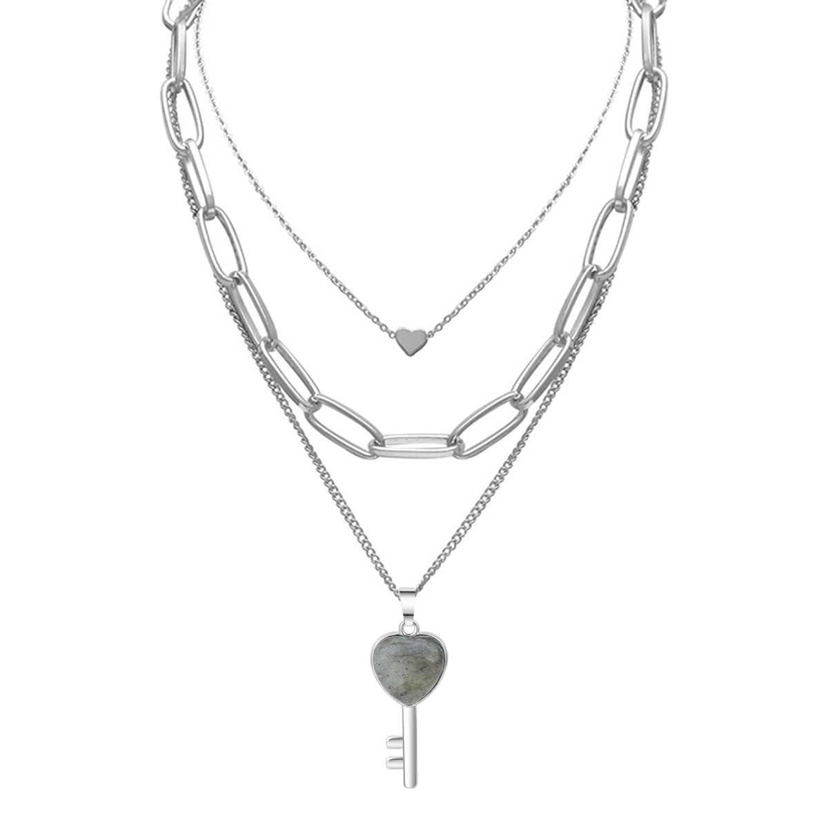 Layered Key Pendant Necklace Chunky Punk Silver Chain Choker Cuban Link  Statement Jewelry for Women and Girls