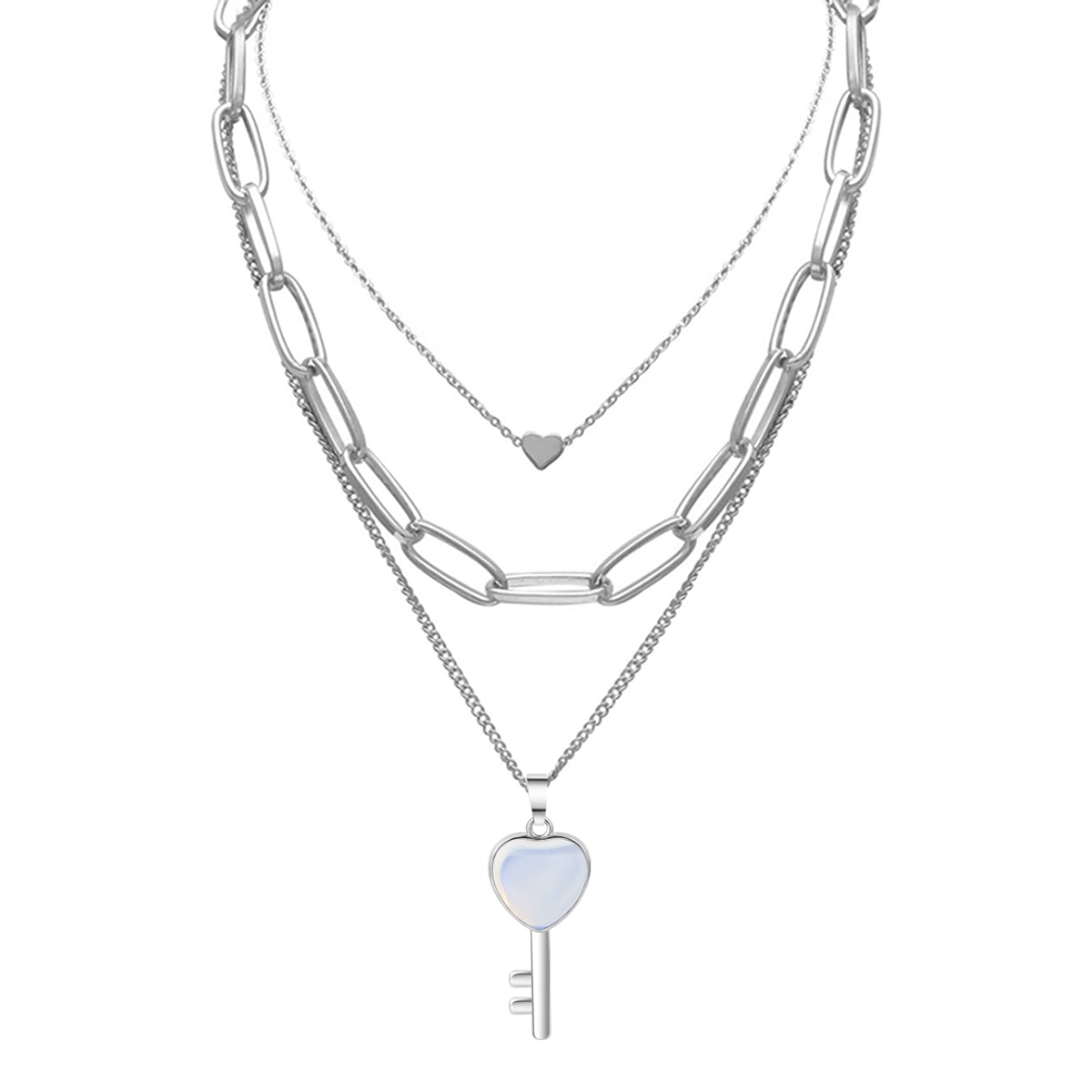 Layered Key Pendant Necklace Chunky Punk Silver Chain Choker Cuban Link  Statement Jewelry for Women and Girls