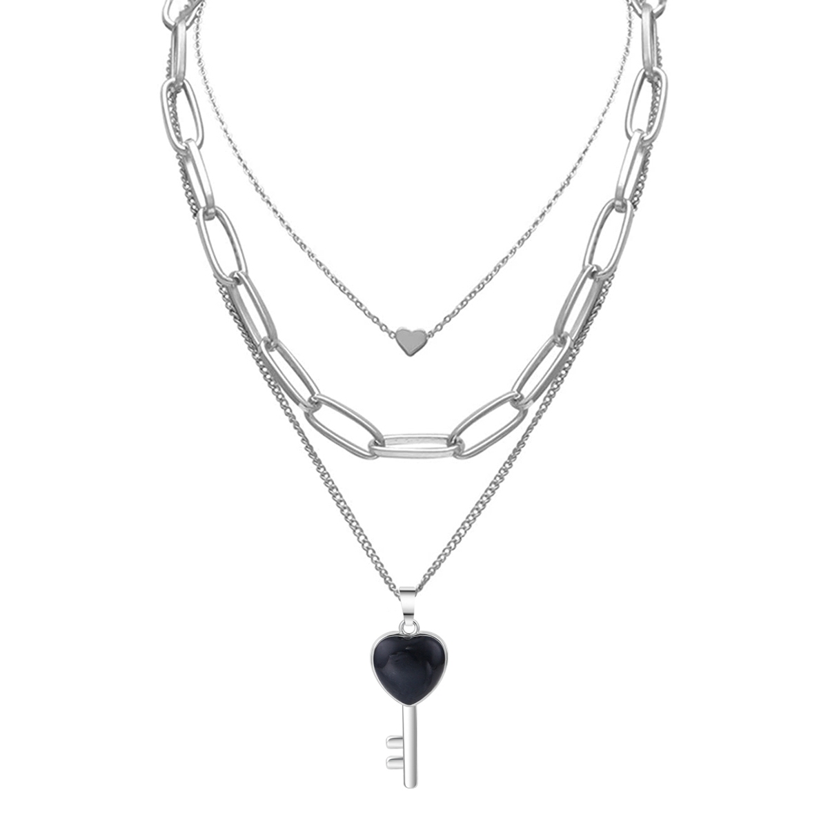 Layered Key Pendant Necklace Chunky Punk Silver Chain Choker Cuban Link  Statement Jewelry for Women and Girls