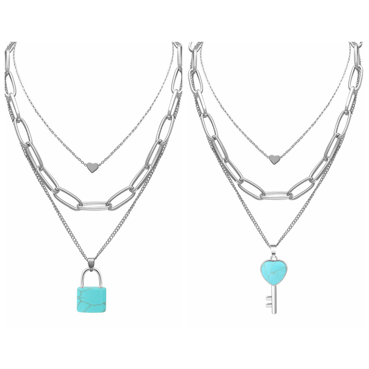 Couple Layered Chain Necklace  Natural Gemstone Key and Lock Pendant  Choker Jewelry for Women Men