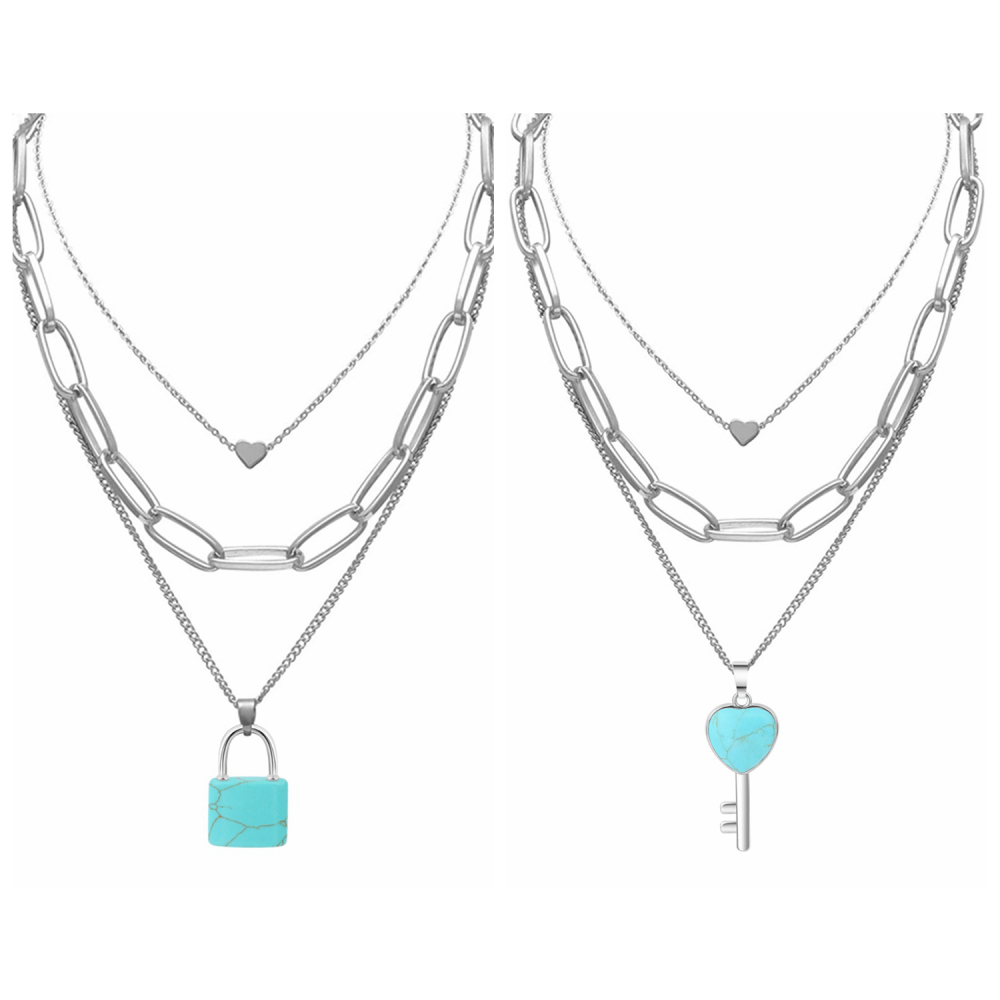 Couple Layered Chain Necklace  Natural Gemstone Key and Lock Pendant  Choker Jewelry for Women Men