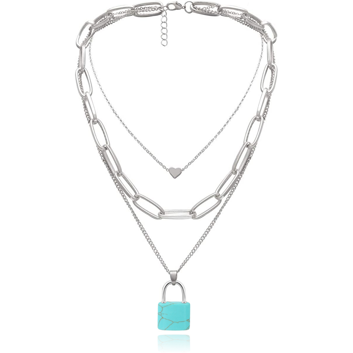 Couple Layered Chain Necklace  Natural Gemstone Key and Lock Pendant  Choker Jewelry for Women Men