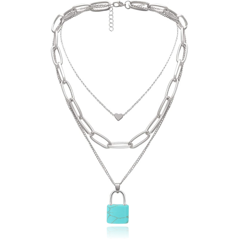 Couple Layered Chain Necklace  Natural Gemstone Key and Lock Pendant  Choker Jewelry for Women Men