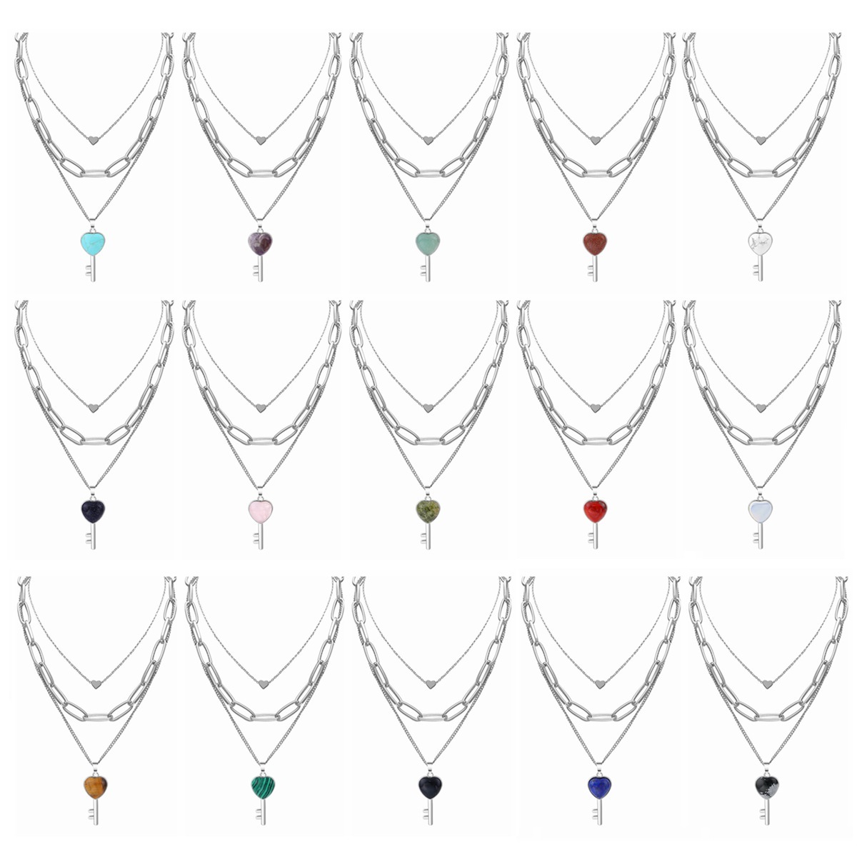 Layered Key Pendant Necklace Chunky Punk Silver Chain Choker Cuban Link  Statement Jewelry for Women and Girls