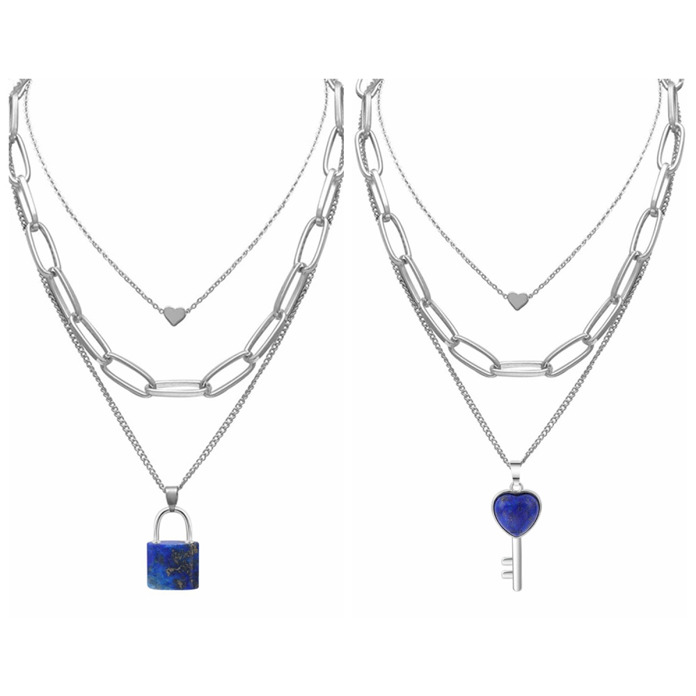 Couple Layered Chain Necklace  Natural Gemstone Key and Lock Pendant  Choker Jewelry for Women Men