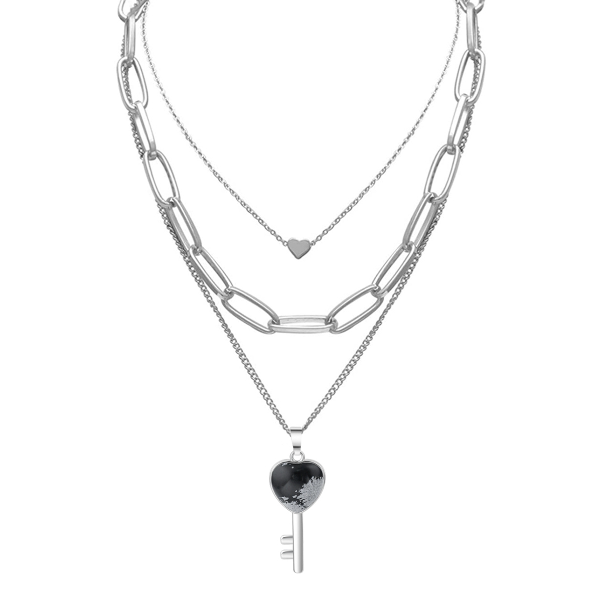Layered Key Pendant Necklace Chunky Punk Silver Chain Choker Cuban Link  Statement Jewelry for Women and Girls
