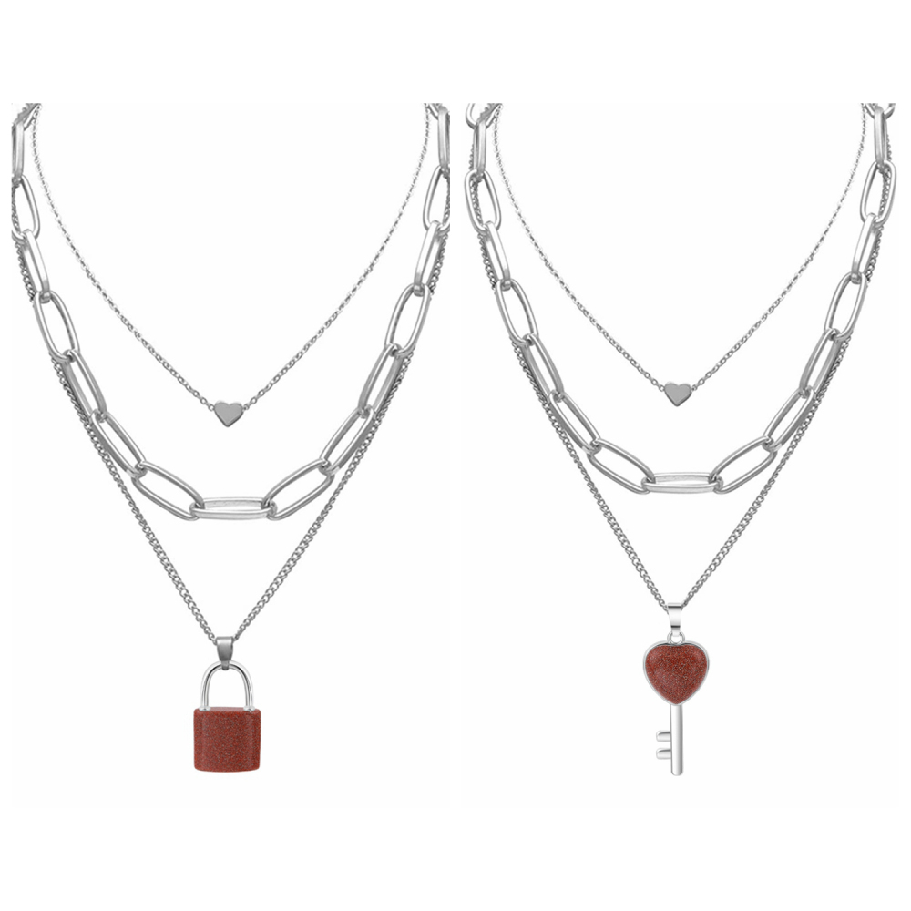 Couple Layered Chain Necklace  Natural Gemstone Key and Lock Pendant  Choker Jewelry for Women Men