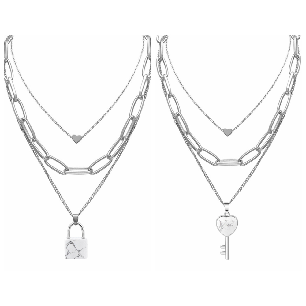 Couple Layered Chain Necklace  Natural Gemstone Key and Lock Pendant  Choker Jewelry for Women Men