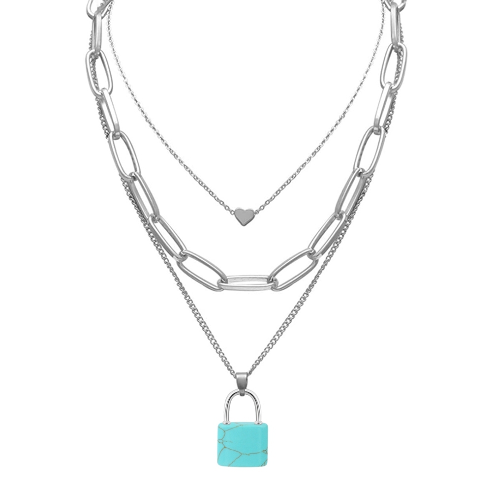 Couple Layered Chain Necklace  Natural Gemstone Key and Lock Pendant  Choker Jewelry for Women Men