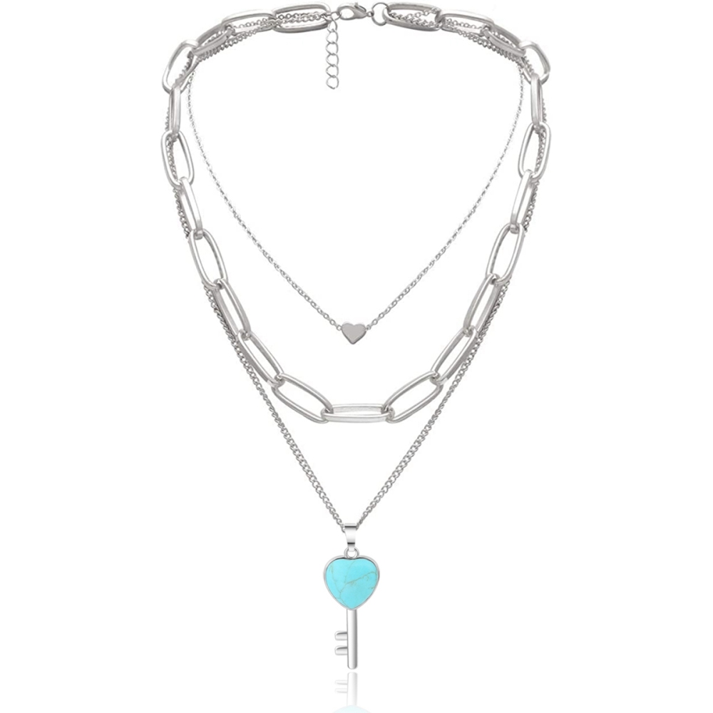 Couple Layered Chain Necklace  Natural Gemstone Key and Lock Pendant  Choker Jewelry for Women Men