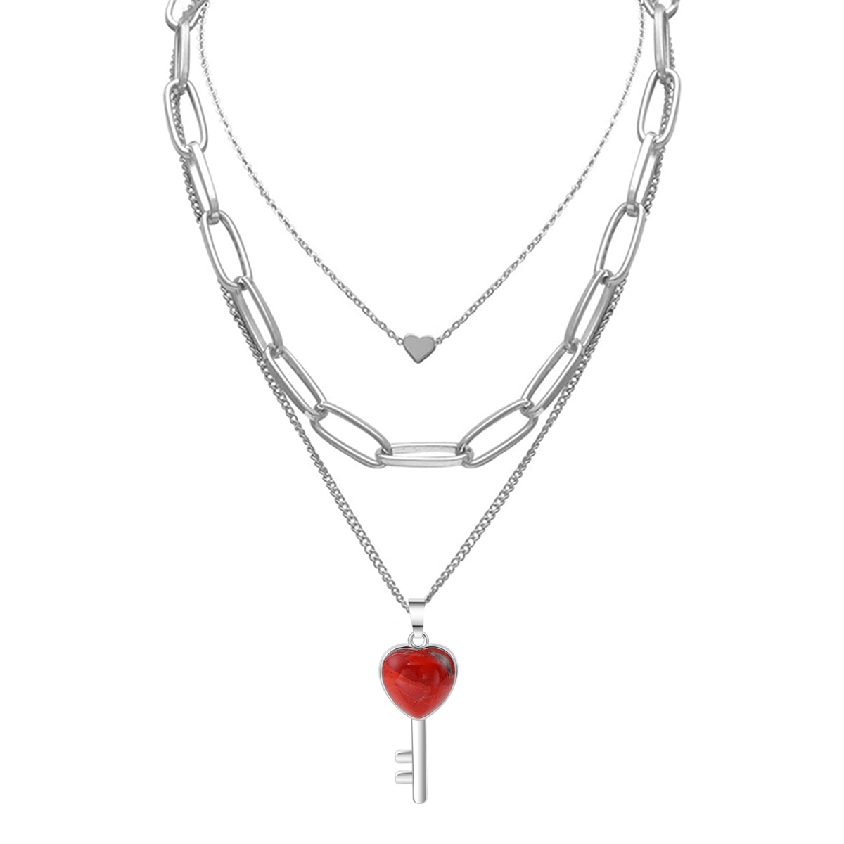 Layered Key Pendant Necklace Chunky Punk Silver Chain Choker Cuban Link  Statement Jewelry for Women and Girls