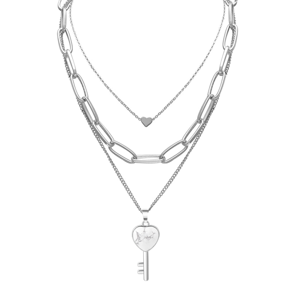 Layered Key Pendant Necklace Chunky Punk Silver Chain Choker Cuban Link  Statement Jewelry for Women and Girls