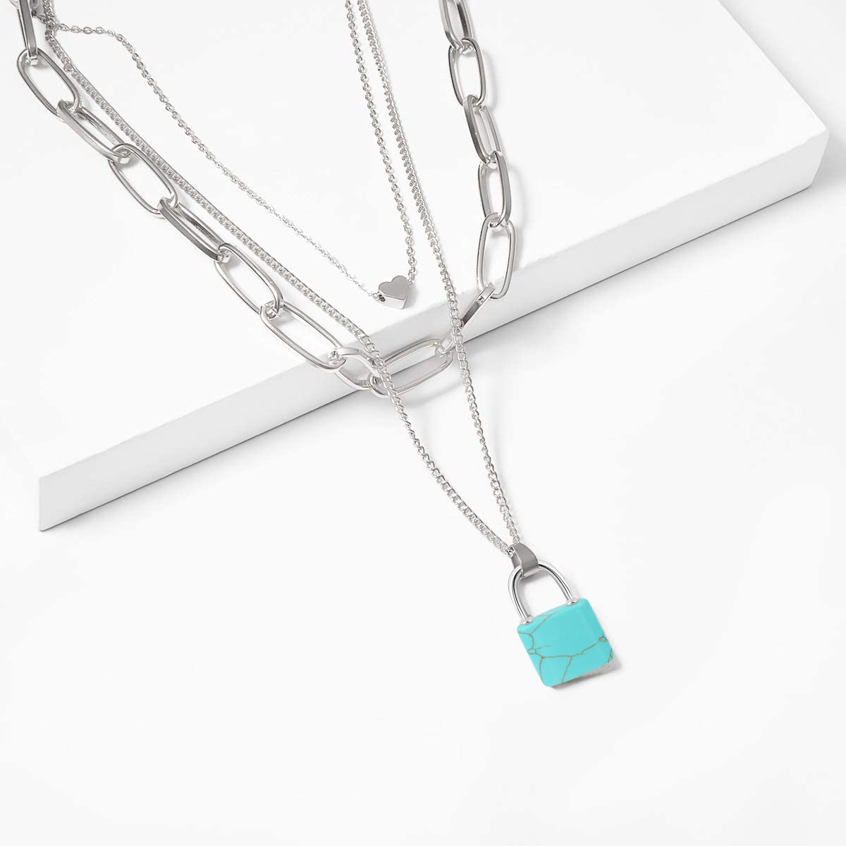 Couple Layered Chain Necklace  Natural Gemstone Key and Lock Pendant  Choker Jewelry for Women Men