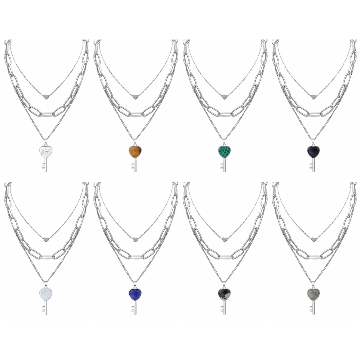 Layered Key Pendant Necklace Chunky Punk Silver Chain Choker Cuban Link  Statement Jewelry for Women and Girls