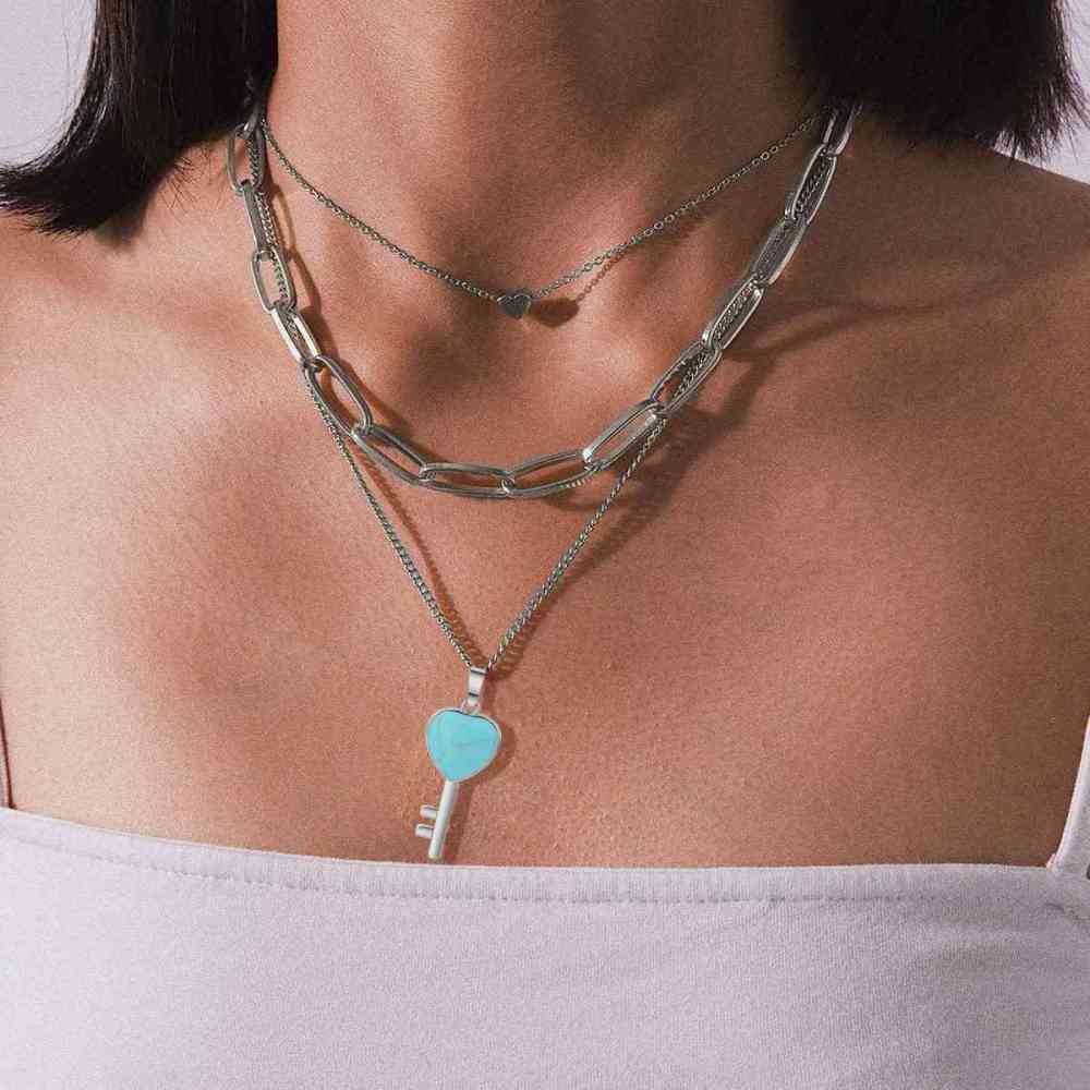 Couple Layered Chain Necklace  Natural Gemstone Key and Lock Pendant  Choker Jewelry for Women Men