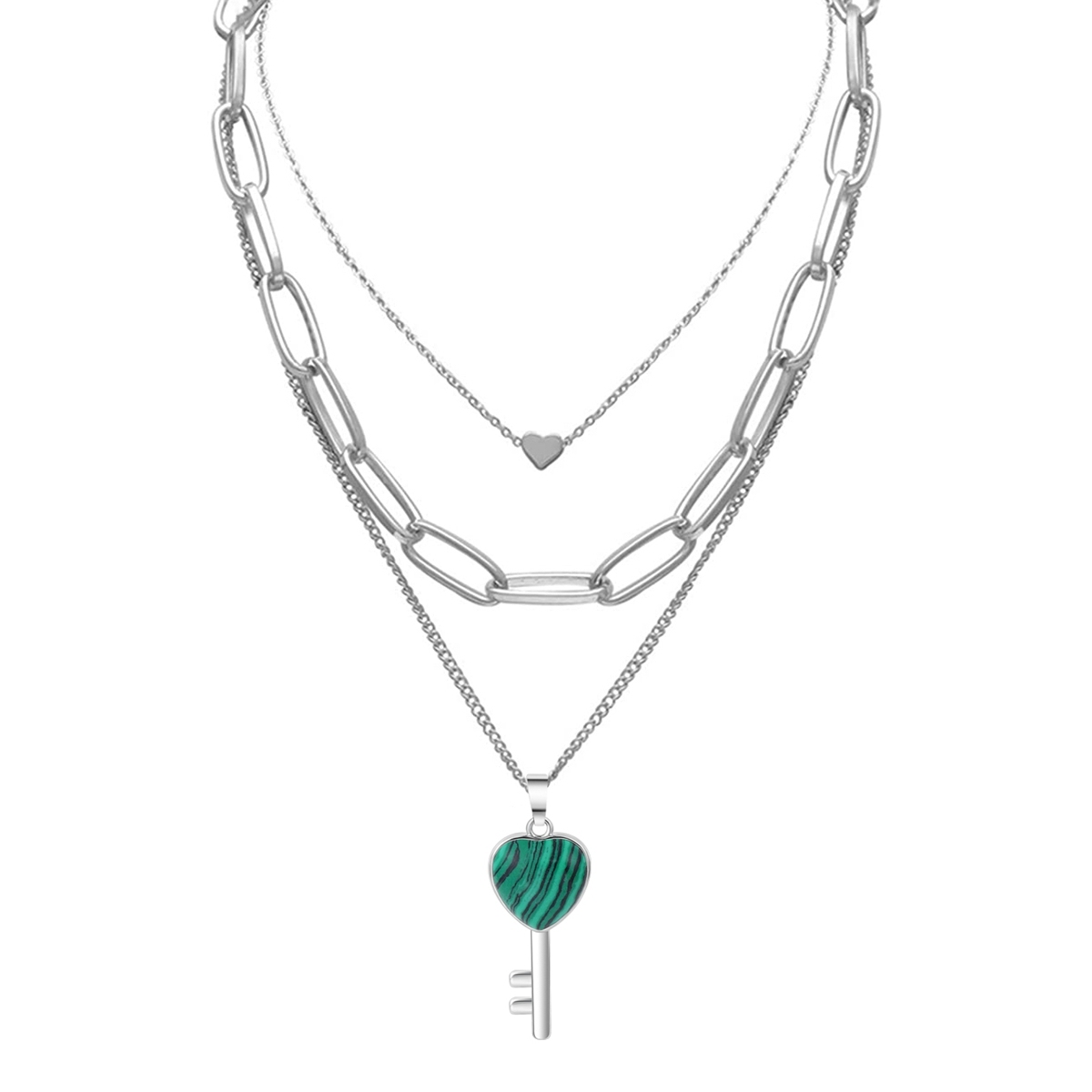 Layered Key Pendant Necklace Chunky Punk Silver Chain Choker Cuban Link  Statement Jewelry for Women and Girls