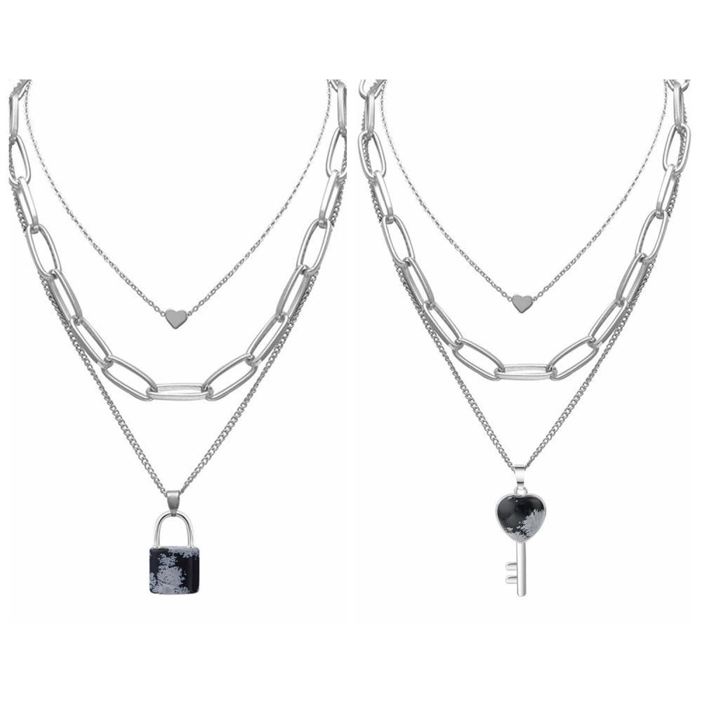 Couple Layered Chain Necklace  Natural Gemstone Key and Lock Pendant  Choker Jewelry for Women Men