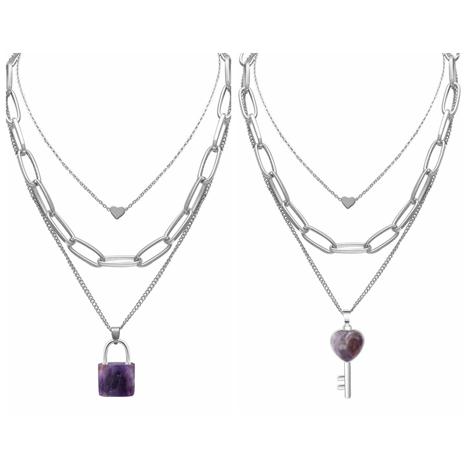 Couple Layered Chain Necklace  Natural Gemstone Key and Lock Pendant  Choker Jewelry for Women Men