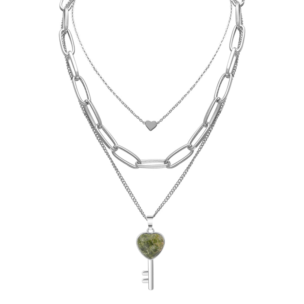 Layered Key Pendant Necklace Chunky Punk Silver Chain Choker Cuban Link  Statement Jewelry for Women and Girls