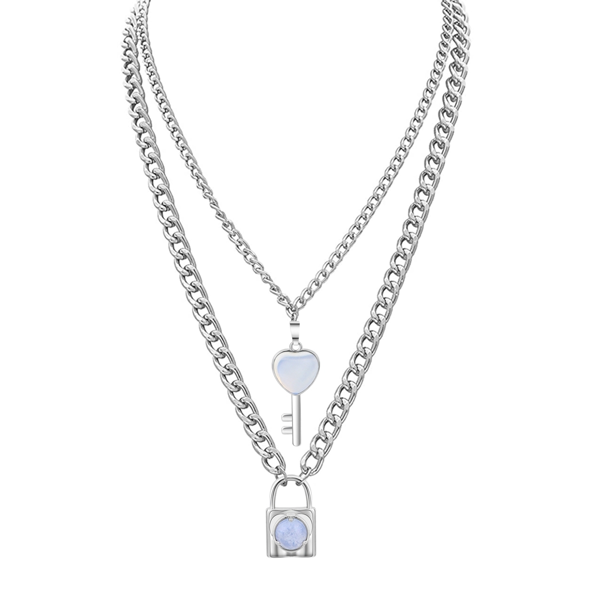 Layered Key Lock Pendant Necklace Chunky Punk Silver Chain Choker Cuban Link  Statement Jewelry for Women and Girls