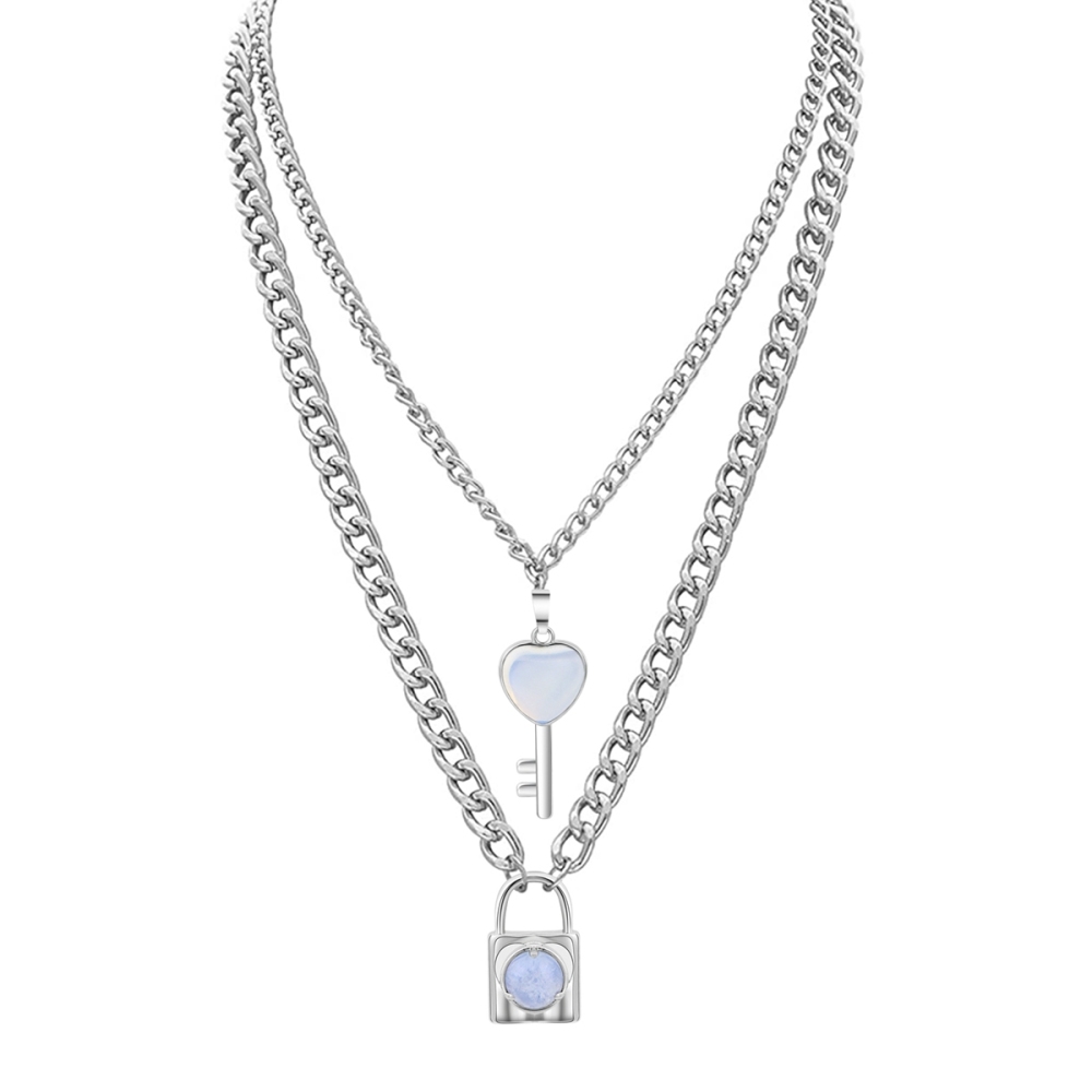 Layered Key Lock Pendant Necklace Chunky Punk Silver Chain Choker Cuban Link  Statement Jewelry for Women and Girls
