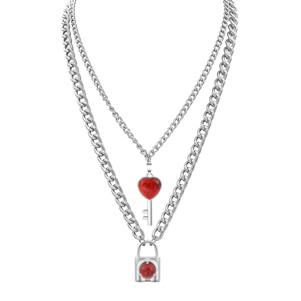 Layered Key Lock Pendant Necklace Chunky Punk Silver Chain Choker Cuban Link  Statement Jewelry for Women and Girls