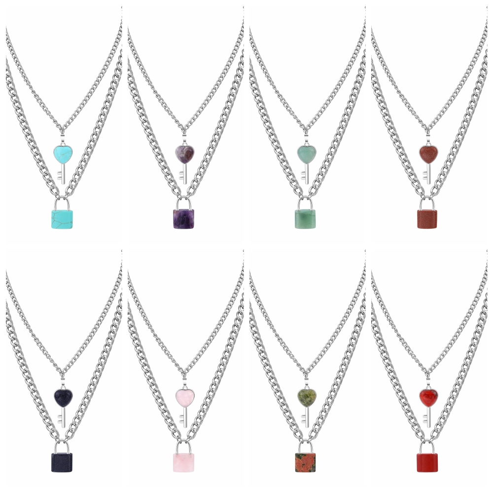 Layered Key Lock Pendant Necklace Chunky Punk Silver Chain Choker Cuban Link  Statement Jewelry for Women and Girls