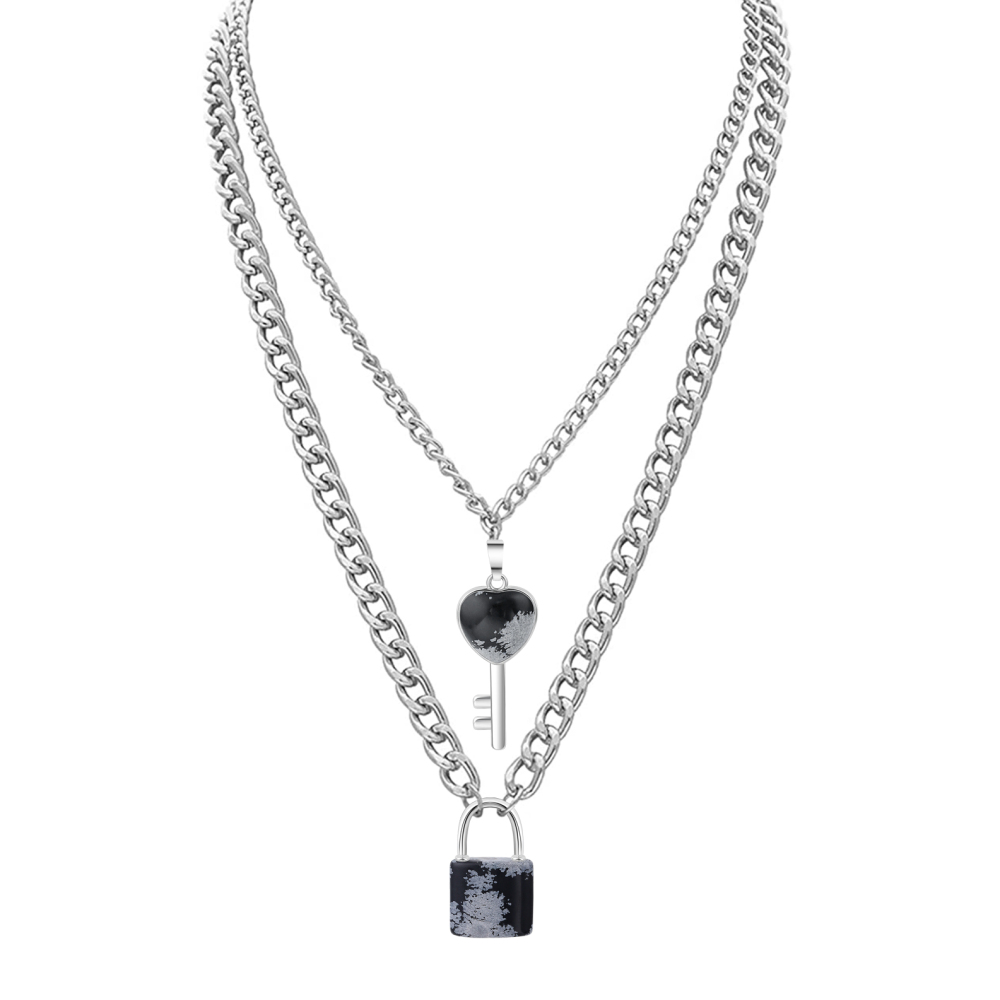 Layered Key Lock Pendant Necklace Chunky Punk Silver Chain Choker Cuban Link  Statement Jewelry for Women and Girls