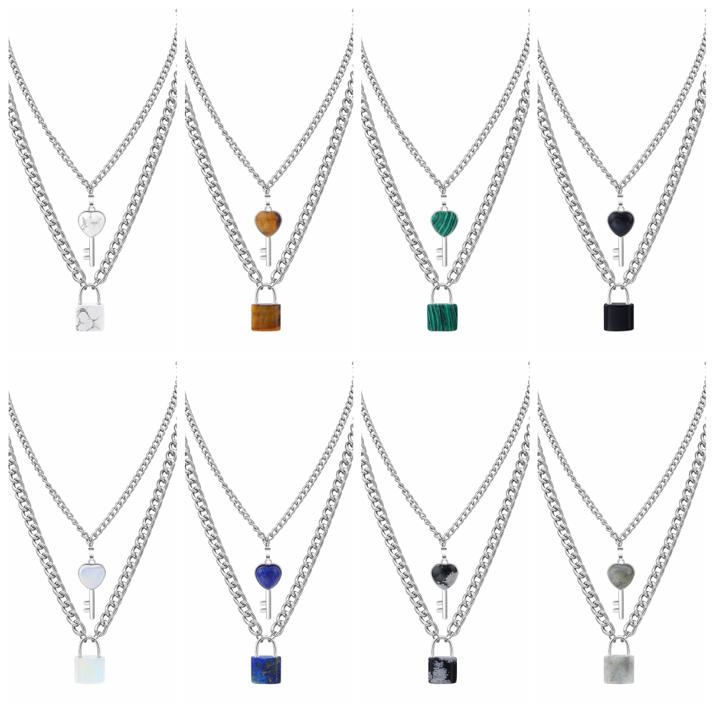Layered Key Lock Pendant Necklace Chunky Punk Silver Chain Choker Cuban Link  Statement Jewelry for Women and Girls