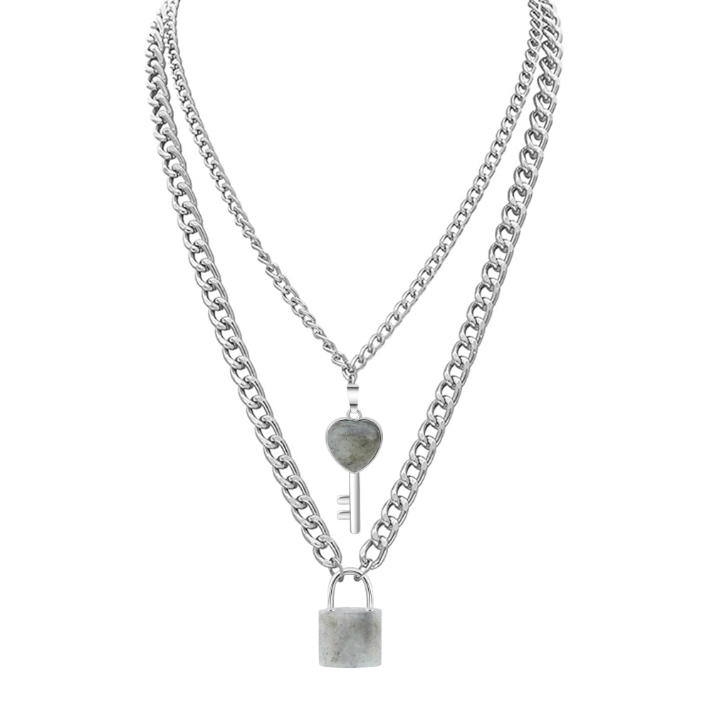 Layered Key Lock Pendant Necklace Chunky Punk Silver Chain Choker Cuban Link  Statement Jewelry for Women and Girls