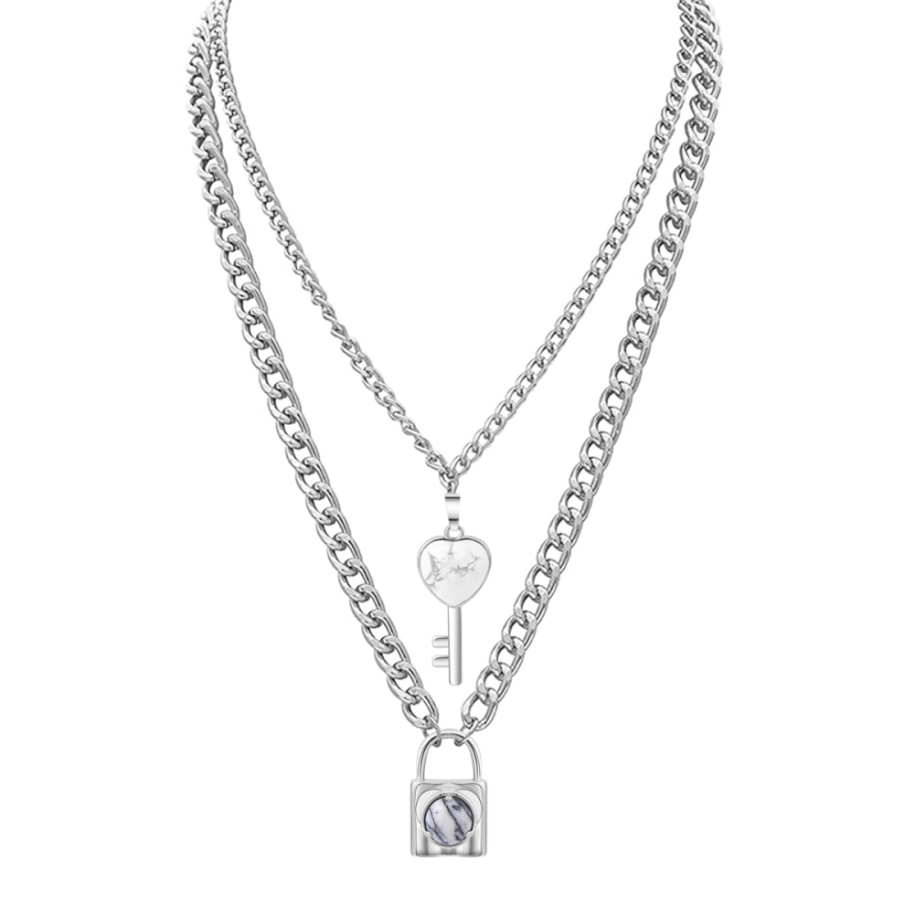 Layered Key Lock Pendant Necklace Chunky Punk Silver Chain Choker Cuban Link  Statement Jewelry for Women and Girls