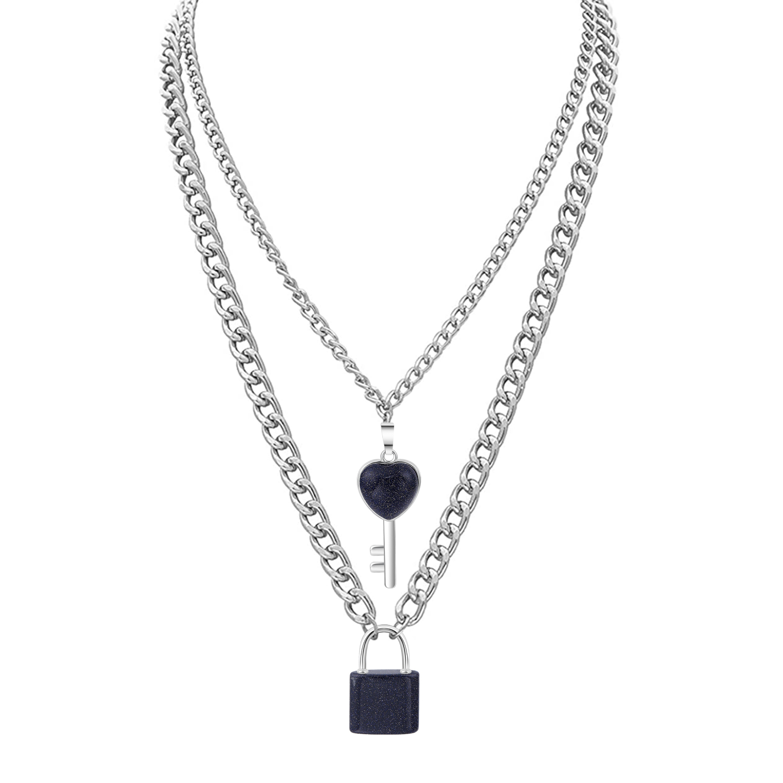 Layered Key Lock Pendant Necklace Chunky Punk Silver Chain Choker Cuban Link  Statement Jewelry for Women and Girls