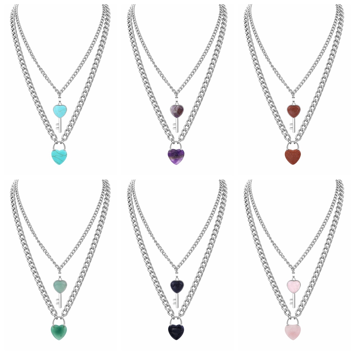 Layered Key Lock Pendant Necklace Chunky Punk Silver Chain Choker Cuban Link  Statement Jewelry for Women and Girls