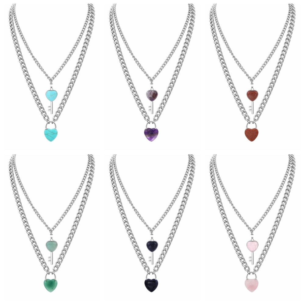 Layered Key Lock Pendant Necklace Chunky Punk Silver Chain Choker Cuban Link  Statement Jewelry for Women and Girls