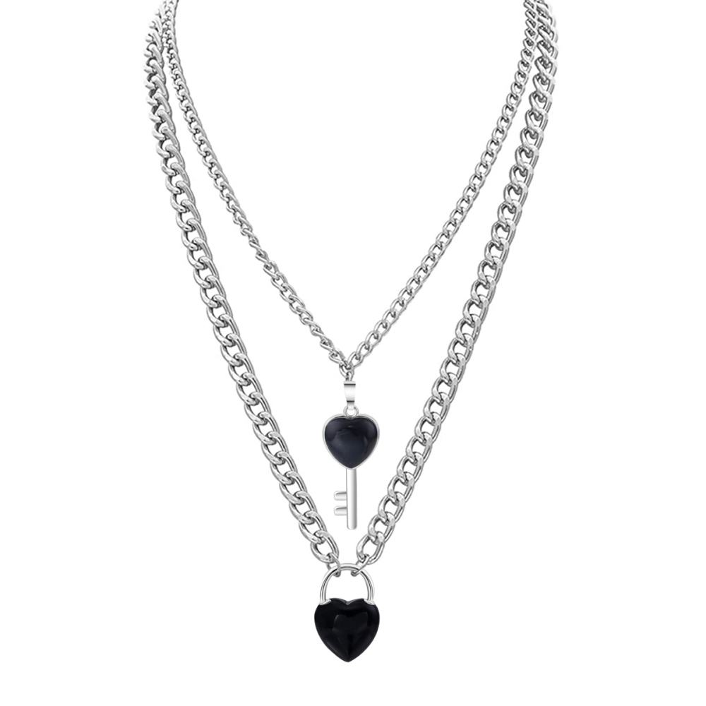 Layered Key Lock Pendant Necklace Chunky Punk Silver Chain Choker Cuban Link  Statement Jewelry for Women and Girls