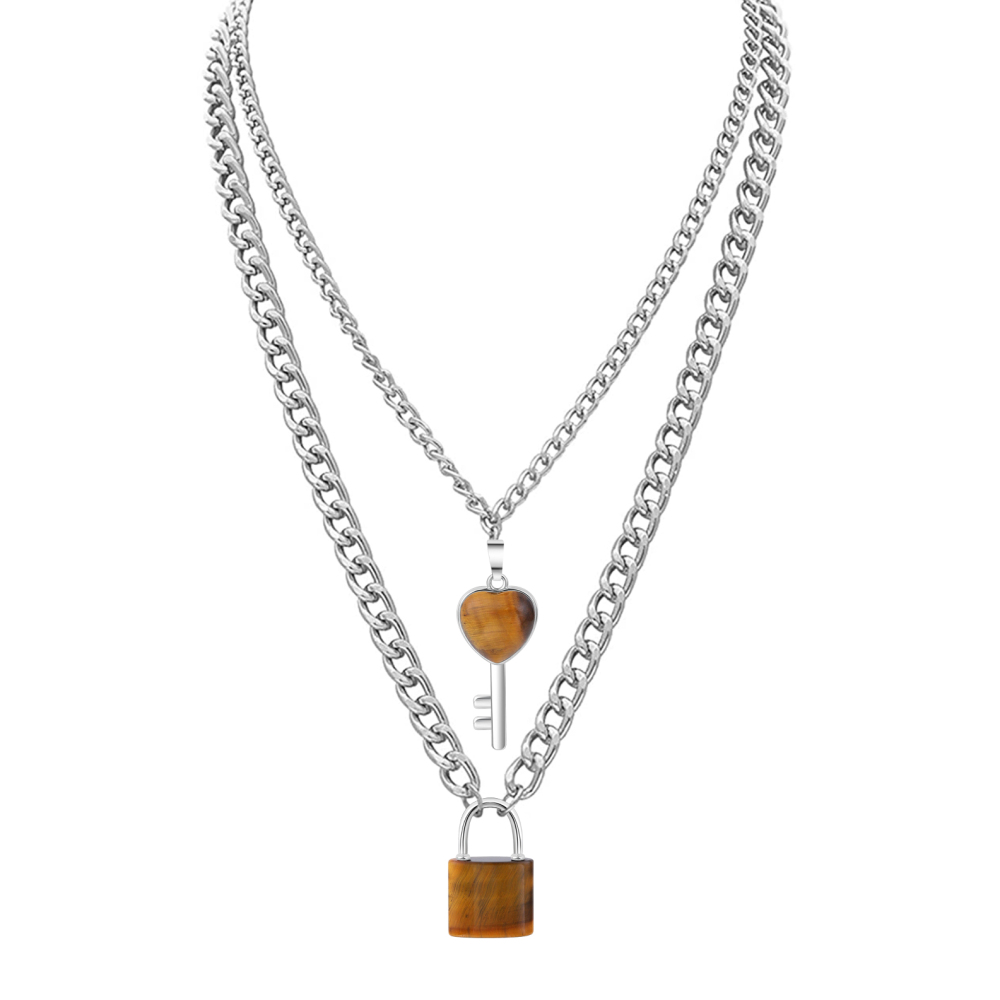 Layered Key Lock Pendant Necklace Chunky Punk Silver Chain Choker Cuban Link  Statement Jewelry for Women and Girls