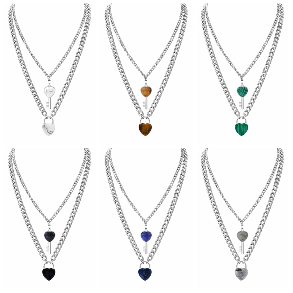 Layered Key Lock Pendant Necklace Chunky Punk Silver Chain Choker Cuban Link  Statement Jewelry for Women and Girls