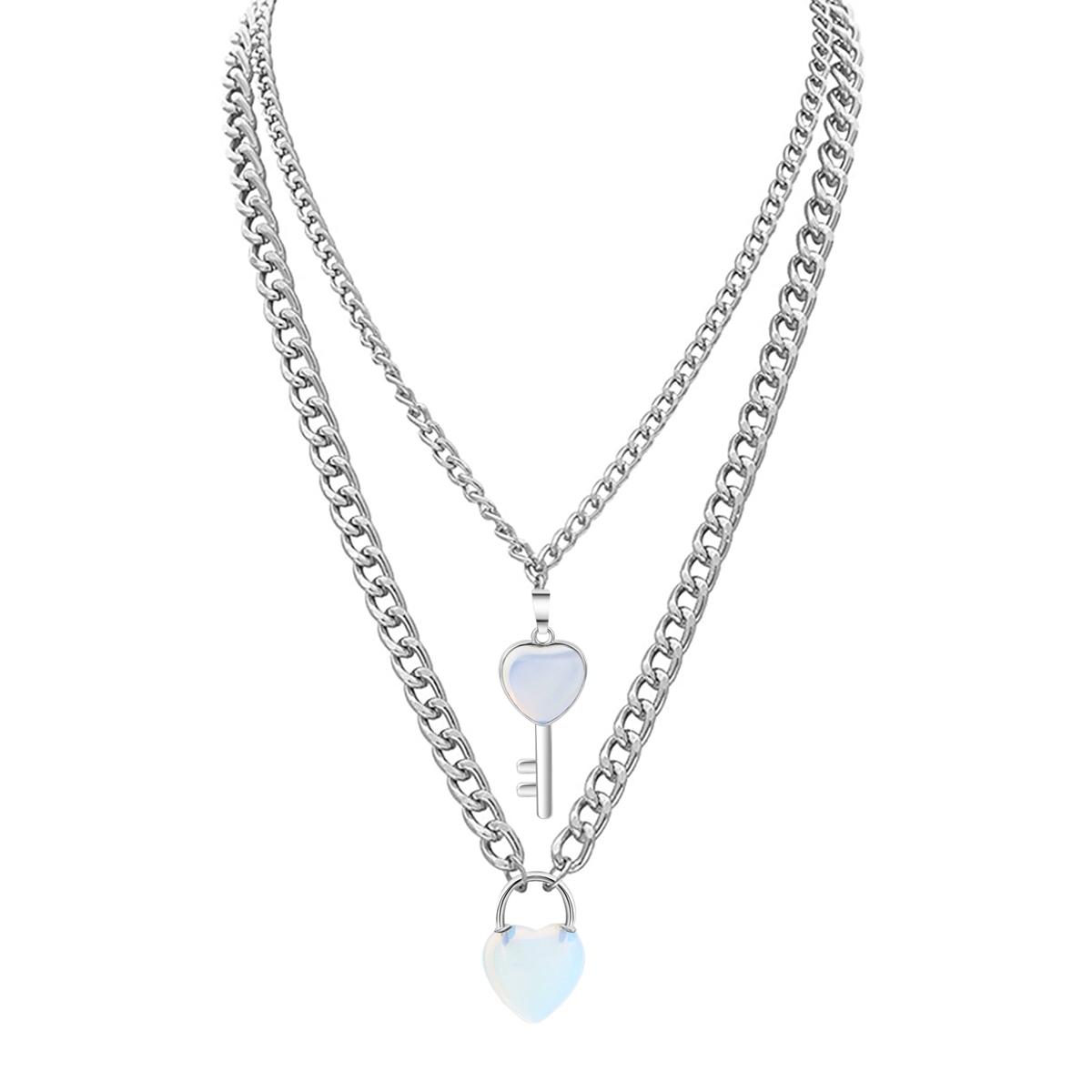 Layered Key Lock Pendant Necklace Chunky Punk Silver Chain Choker Cuban Link  Statement Jewelry for Women and Girls