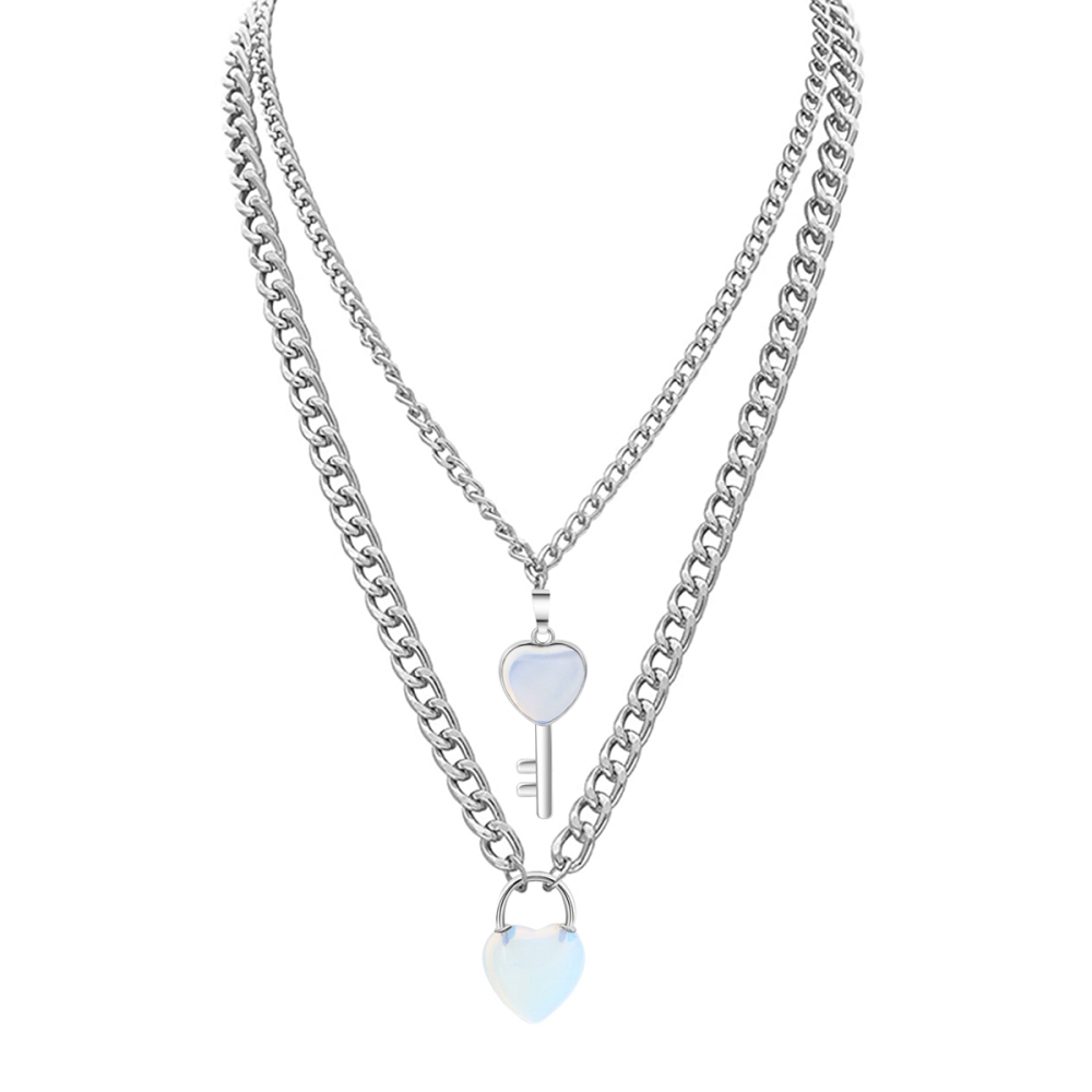 Layered Key Lock Pendant Necklace Chunky Punk Silver Chain Choker Cuban Link  Statement Jewelry for Women and Girls