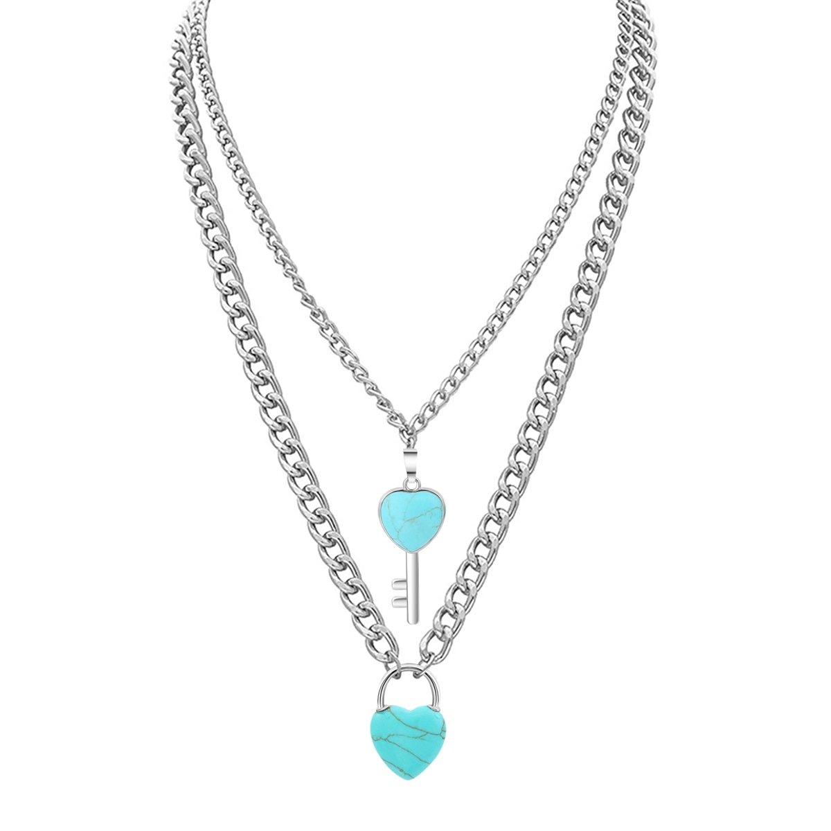 Layered Key Lock Pendant Necklace Chunky Punk Silver Chain Choker Cuban Link  Statement Jewelry for Women and Girls