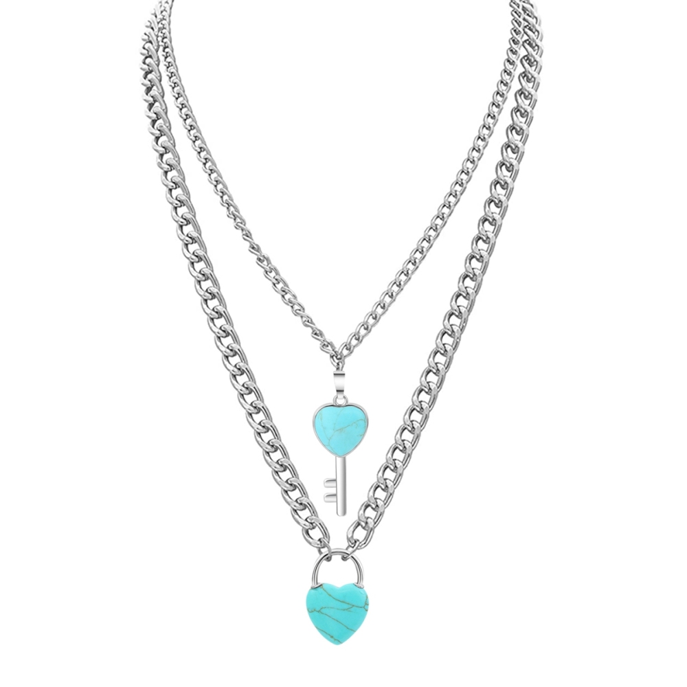 Layered Key Lock Pendant Necklace Chunky Punk Silver Chain Choker Cuban Link  Statement Jewelry for Women and Girls