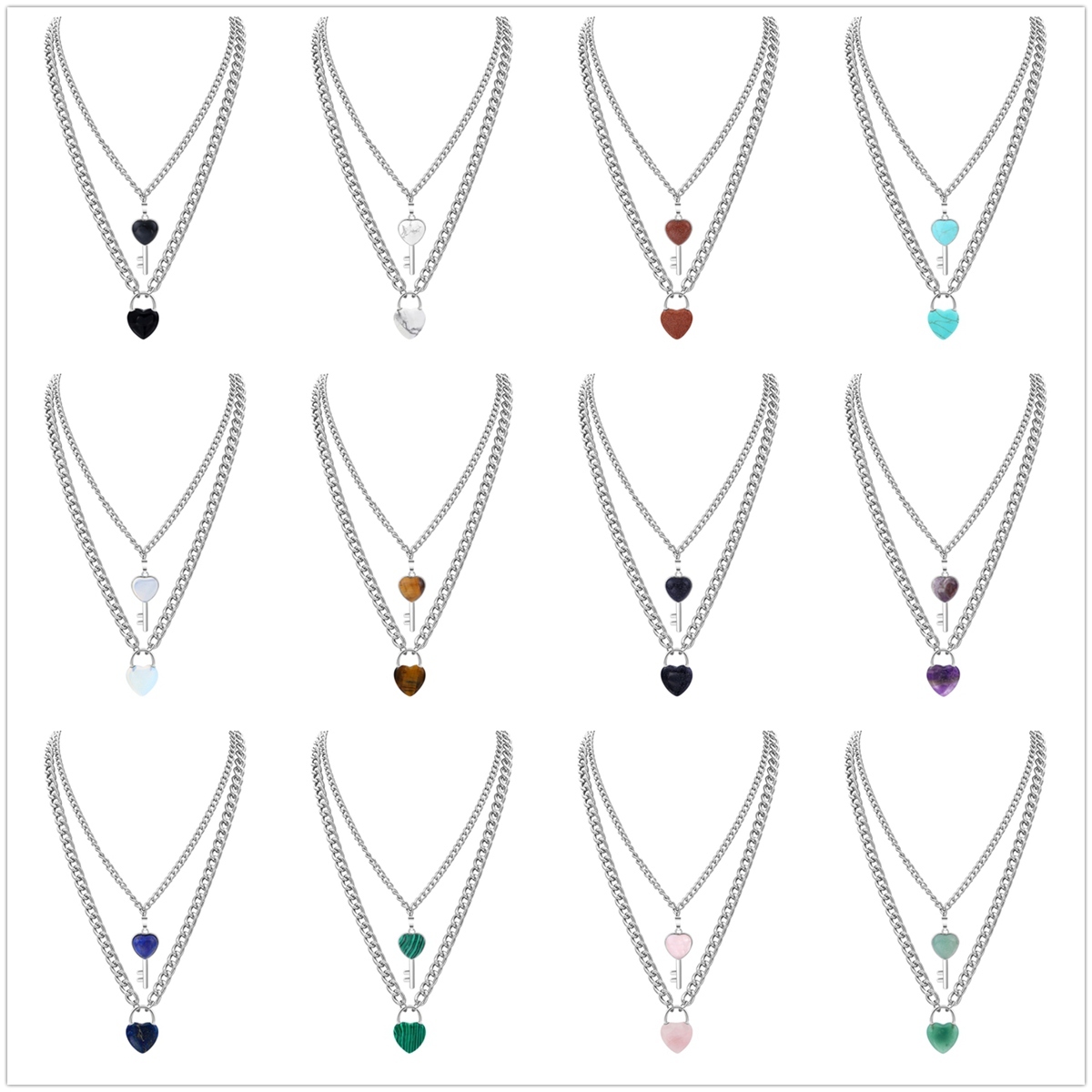 Layered Key Lock Pendant Necklace Chunky Punk Silver Chain Choker Cuban Link  Statement Jewelry for Women and Girls
