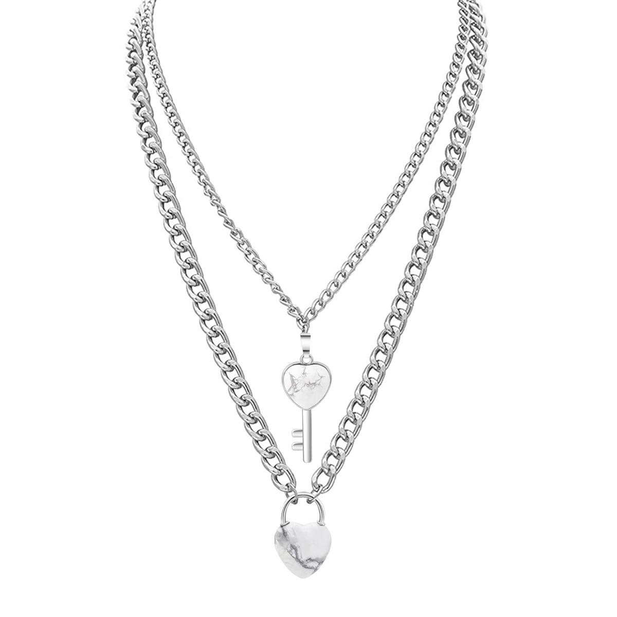 Layered Key Lock Pendant Necklace Chunky Punk Silver Chain Choker Cuban Link  Statement Jewelry for Women and Girls